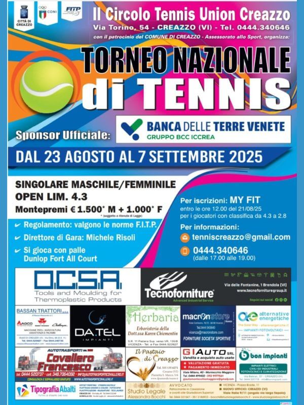 locandina torneo open 2025 di seconda categoria riservato al singolare maschile e femminile limitato alla classifica 3.5 organizzato del circolo tennis creazzo di vicenza