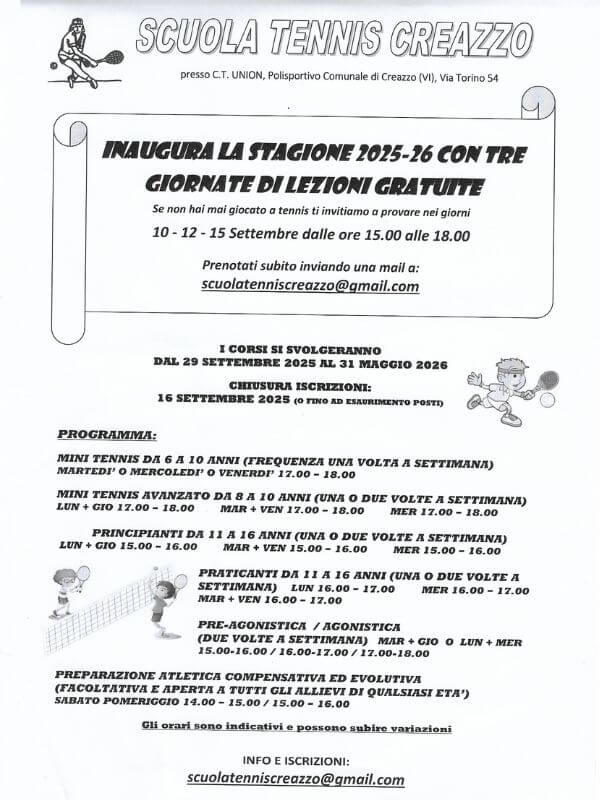 locandina tennis gratis creazzo vicenza 2025